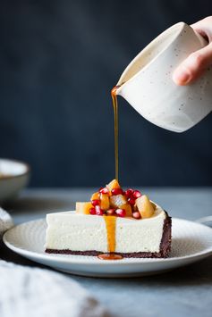 Chocolate Crusted Chèvre Cheesecake with Earl Grey Poached Pears & Pomegranate (gluten-free