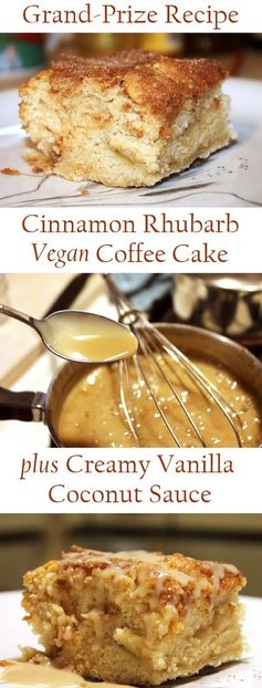 Cinnamon Rhubarb Coffee Cake with Creamy Vanilla Coconut Sauce