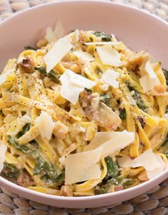 Creamy Lemon Linguine with Caramelized Onion, Chard & Walnuts