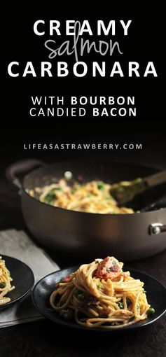 Creamy Salmon Carbonara with Mustard-Bourbon Candied Bacon