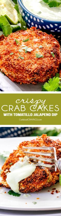 Crispy Crab Cakes with Creamy Tomatillo Jalapeno Dip