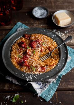 Crispy fried roasted tomato risotto balls with smoked mussels