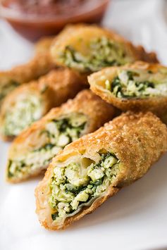 Crispy Garlic Chicken and Spinach Egg Rolls with Gouda Cheese, Served with Roasted Red Pepper Salsa for Dipping