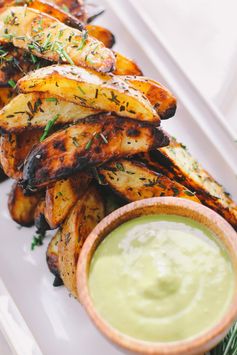 Crispy grilled herb fries with lemon pesto aioli