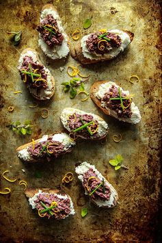 Crostini with Almond Ricotta and Spicy Olive Tapenade