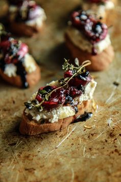 Crostini with Roasted Cherries and Thyme on Almond Ricotta with Honey and Balsamic