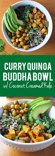 Curry quinoa buddha bowl with coconut creamed kale