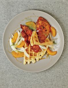 Fried Chicken Schnitzel and Waffles with Orange Honey