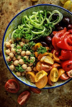 Greek Salad Cucumber Noodle Bowl- Vegan