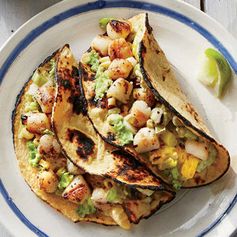 Grilled Scallop Tacos with Smashed Avocado and Charred Corn Pico
