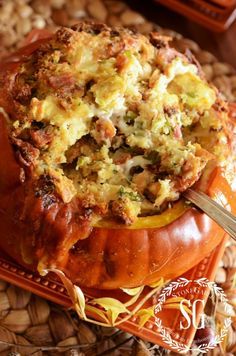 Gruyere, bacon & green onion roasted stuffed pumpkin