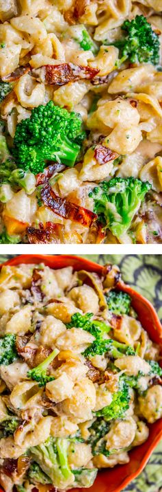 Healthier Mac and Cheese with Caramelized Onions and Broccoli