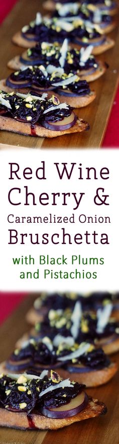 Healthy Red Wine Cherry and Caramelized Onion Bruschetta with Black Plums and Pistachios