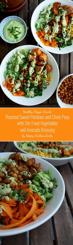 Healthy Veggie Bowls: Roasted and Stir Fried Veggies with Avocado Dressing