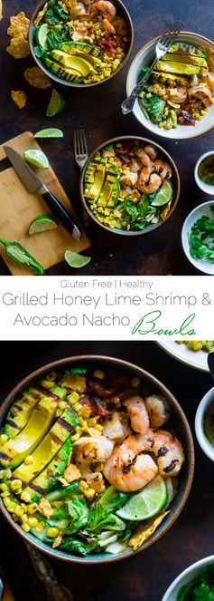 Honey Lime Grilled Avocado Shrimp Nacho Bowls