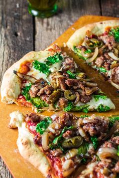 Italian Sausage Pizza with Caramelized Onions, Kale and Jalapeños