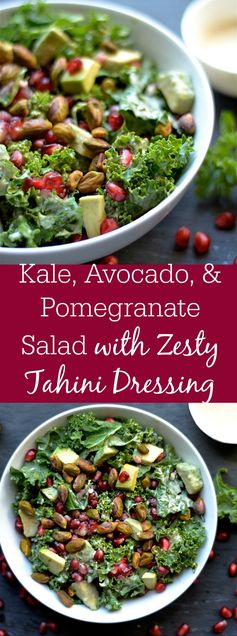 Kale, Pomegranate, and Avocado Salad with Zesty Tahini Dressing