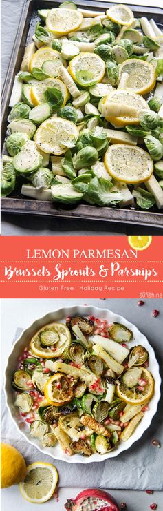 Lemon Parmesan Roasted Brussels Sprouts and Parnsips