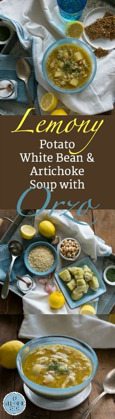 Lemony White Bean, Potato & Artichoke Soup with Orzo