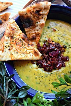 Lentils Beet Soup with Baked Naan Chips