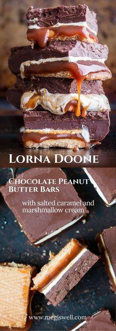 Lorna Doone Chocolate Peanut Butter Bars with Salted Caramel and Marshmallow Cream