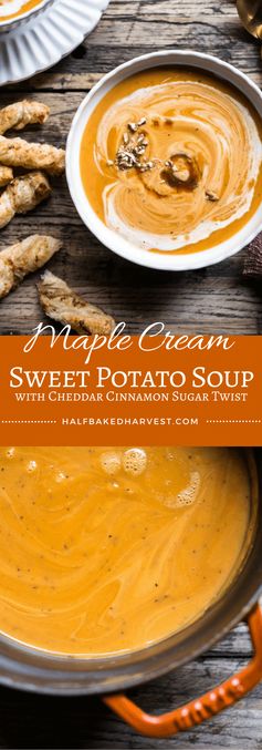 Maple Cream Sweet Potato Soup with Cheddar Cinnamon Sugar Twist