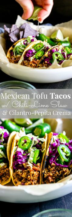 Mexican-Inspired Tofu Tacos with Chili-Lime Slaw and Cilantro-Pepita Crema