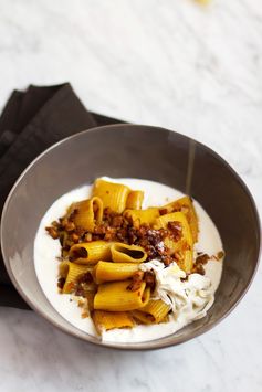 Mezzi Paccheri Pasta with Burrata Cream, Guanciale, and Saffron