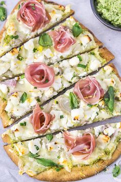 Naan Pizza with Asparagus Pesto, Prosciutto, Goat Cheese & Fontina