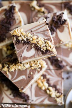 No Bake Chocolate Peanut Butter Cheesecake Bars (Gluten Free, Refined Sugar Free + Vegan