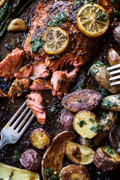 One Pan Lemon Salmon, Roasted Potatoes and Parmesan Asparagus