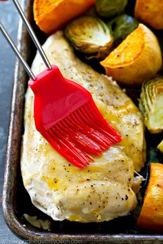 One-Pan Maple Roast Chicken with Sweet Potatoes + Brussels Sprouts