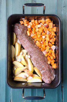 One pan roasted pork with sweet potato, pear, apple and garlic