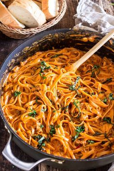 One Pot Creamy Fettuccine with Spicy Sausage