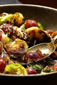 Pan-Charred Brussels Sprouts With Roasted Grapes, Pecans, and Pecorino