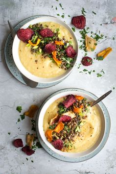 Parsnip and Apple Soup with Black Lentils and Vegetable Crisps