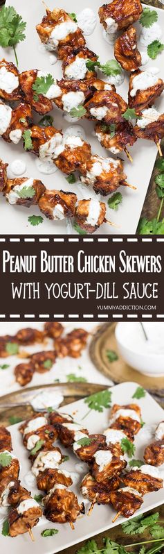 Peanut Butter Chicken Skewers with Yogurt-Dill Sauce