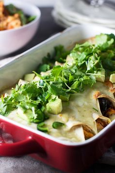 Poblano Chicken and Chorizo Enchiladas with Jalapeño Sour Cream Sauce