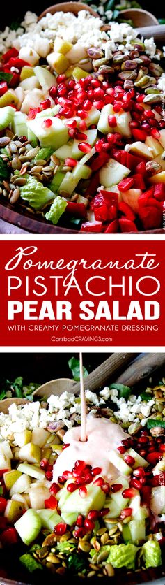 Pomegranate, Pear, Pistachio Salad with Creamy Pomegranate Dressing