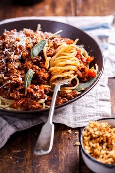 Pork bolognese with cheesy pangrattato