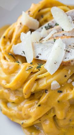 Pumpkin and Roasted Garlic Cream Sauce Fettuccine with Grilled Sage-Rubbed Chicken