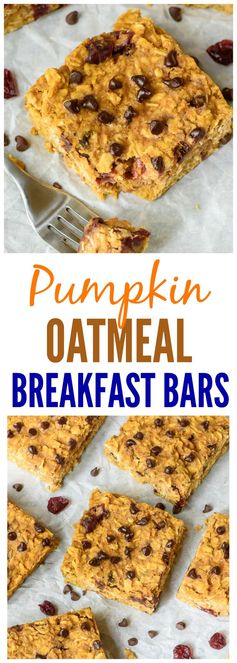 Pumpkin Peanut Butter Oatmeal Bars with Chocolate Chips and Cranberries