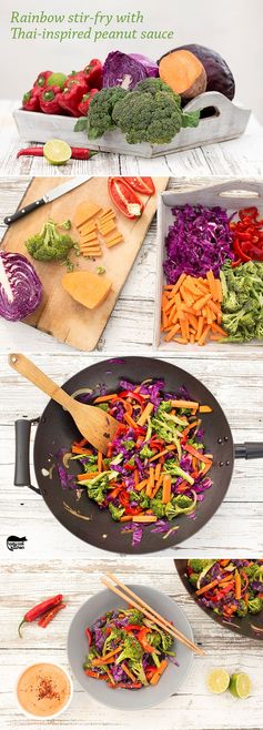 Rainbow stir-fry with peanut sauce