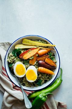 Rice Bowl with Green Pepper Sauce, Roasted Carrots & Eggs