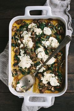 Ricotta Goat Cheese Polenta Bake with Mushrooms, Greens, and Caramelized Onions