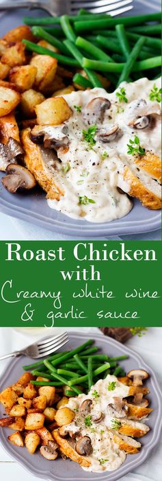 Roast Chicken with Creamy White Wine & Garlic Sauce (plus sauté potatoes!