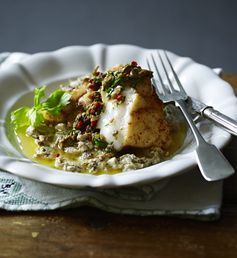 Roast monkfish with cumin and coriander spice and a baked aubergine purée