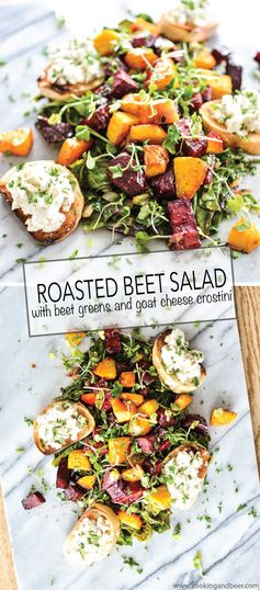 Roasted Beets and Beet Greens with Goat Cheese Crostini