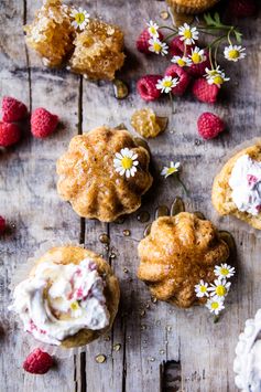 Salted Chamomile Honey Cakes with Raspberry Ripple Cream