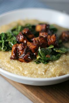 Savory grits with bbq tempeh and collard greens